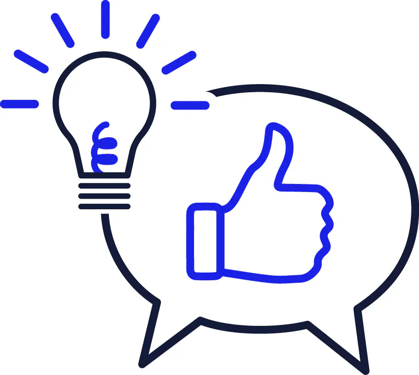 A thumbs up in a speech bubble and a lightbulb.