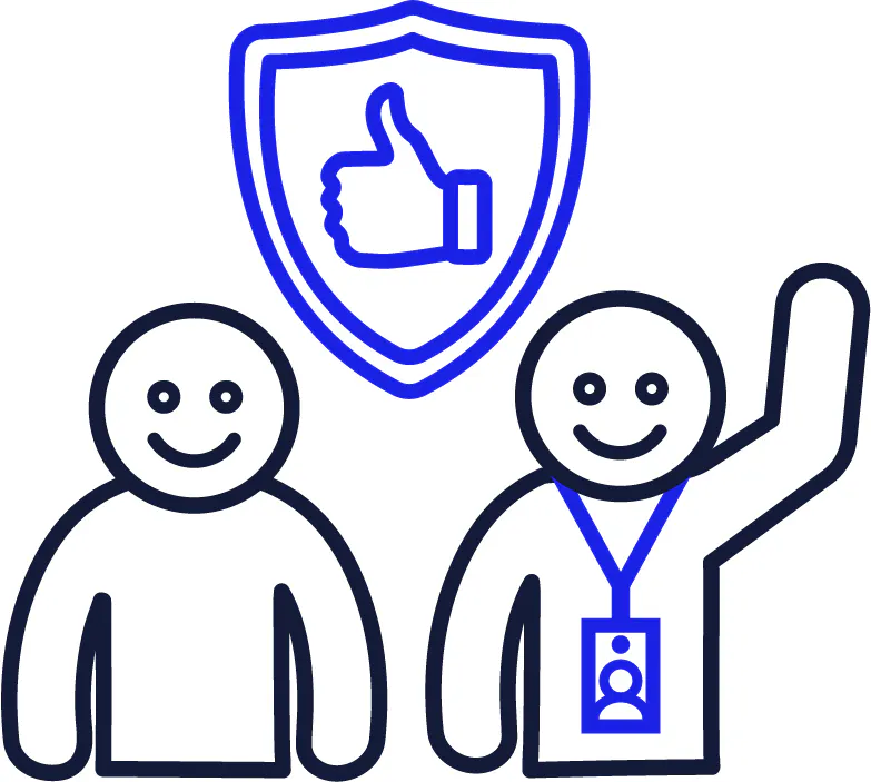 A person and a support worker. Above them is a safety icon.