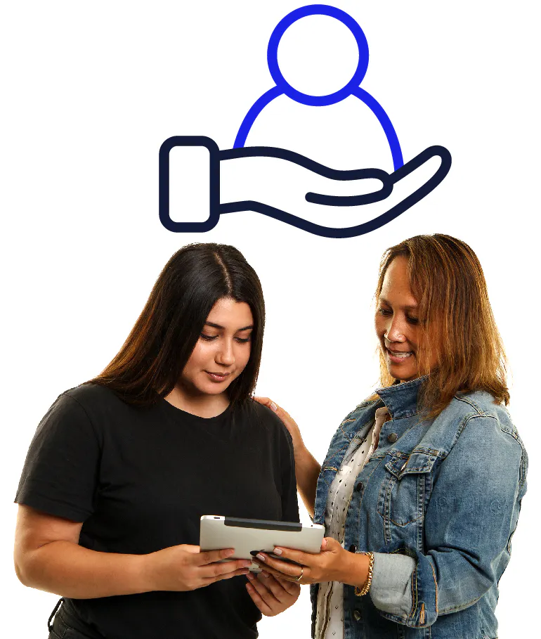 A support icon and a support worker showing someone else information on an iPad.