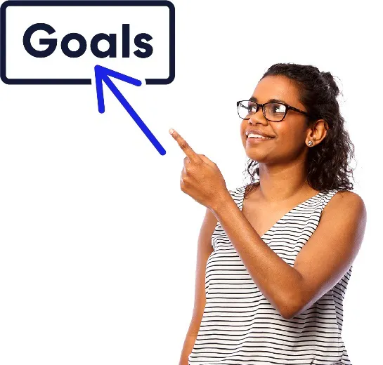A woman points to the word goals. There is an upward arrow from her finger to the word.