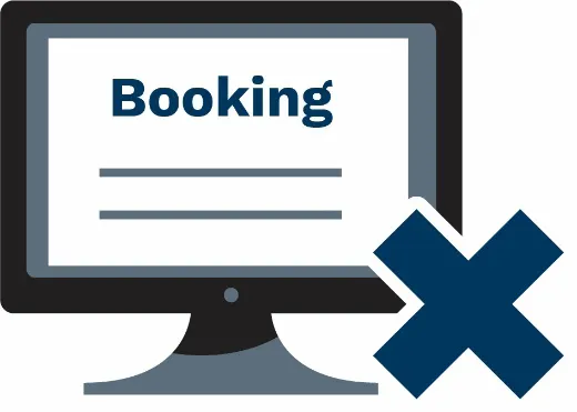 Booking on a computer screen with a cross icon