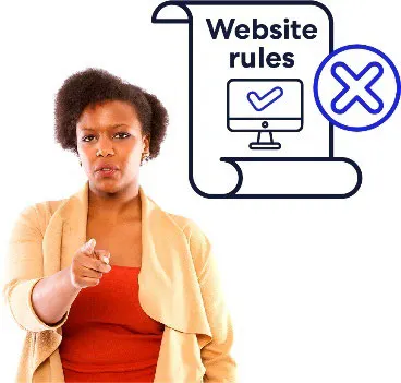 A woman pointing at you next to a symbol for breaking website rules.