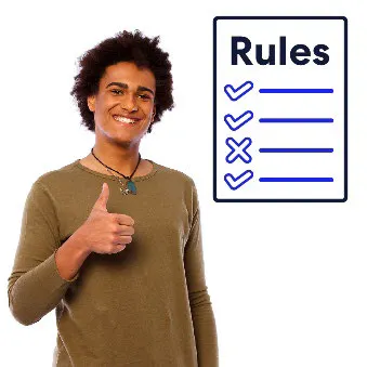 A man with thumbs up next to a Rules icon.