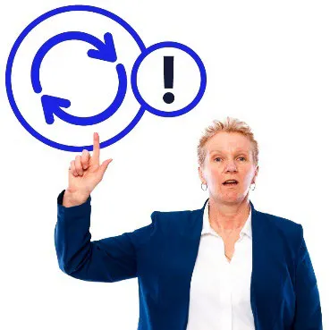A woman with her hand up next to a symbol for changing information.