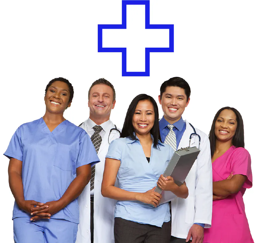 A group of health care workers and a medical cross.