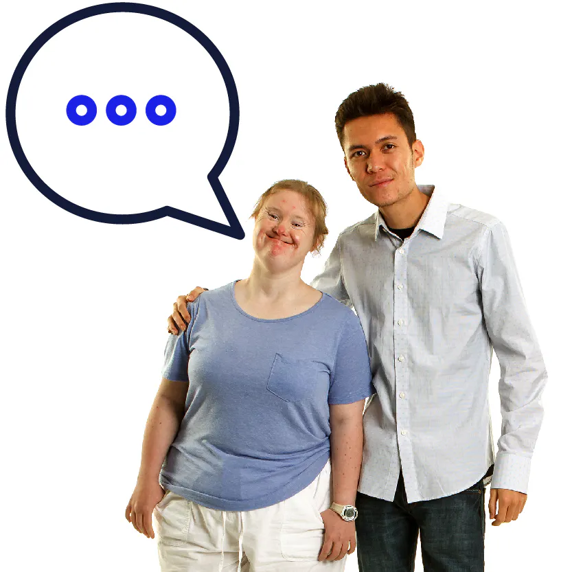 A support worker supporting a person. Above the person is a speech bubble.