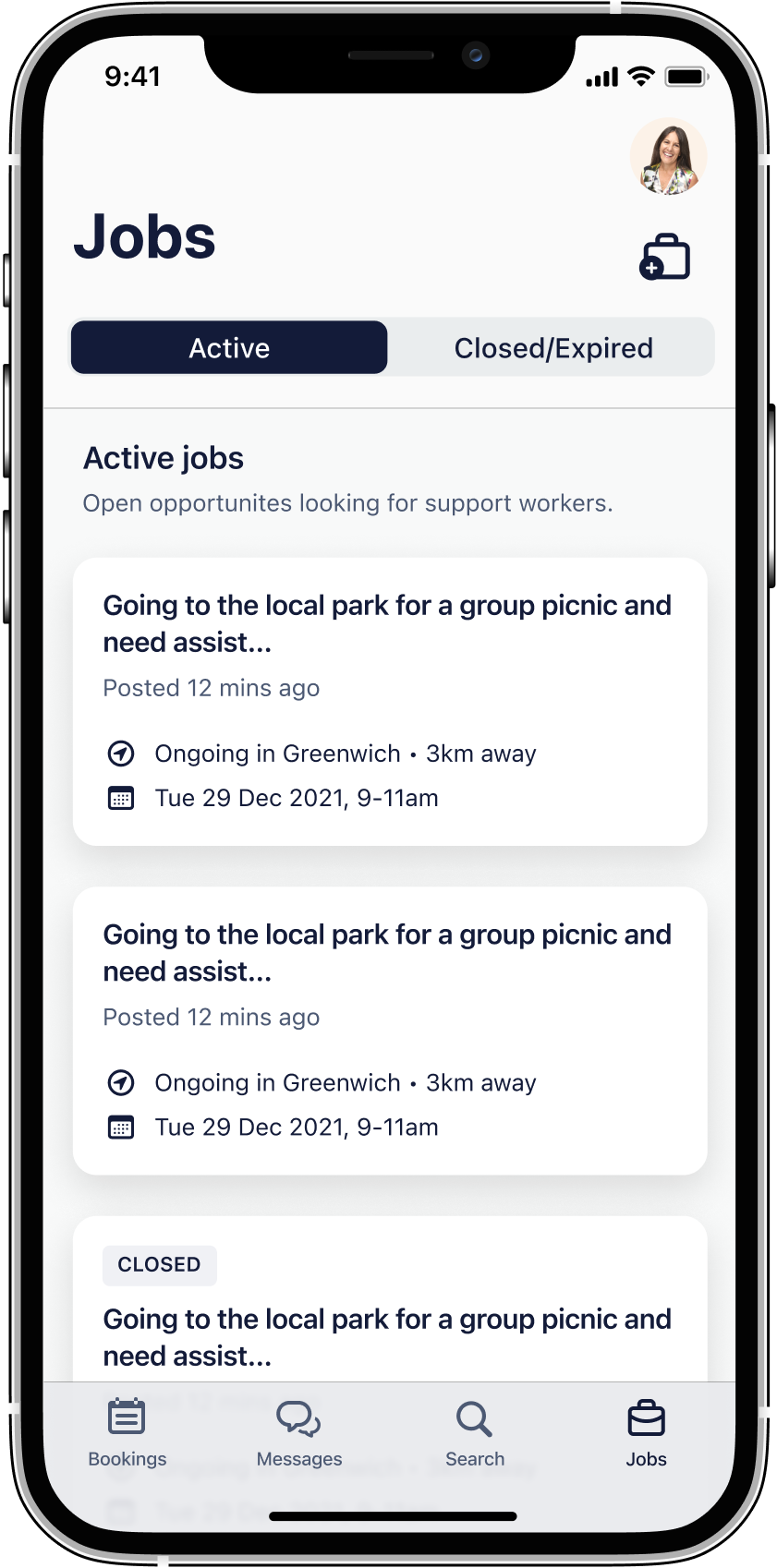 An iPhone showing the Jobs screen of the Hireup app.