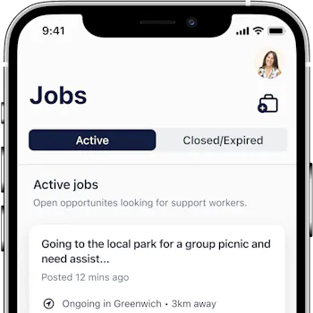 An iPhone showing the Jobs screen of the Hireup app.