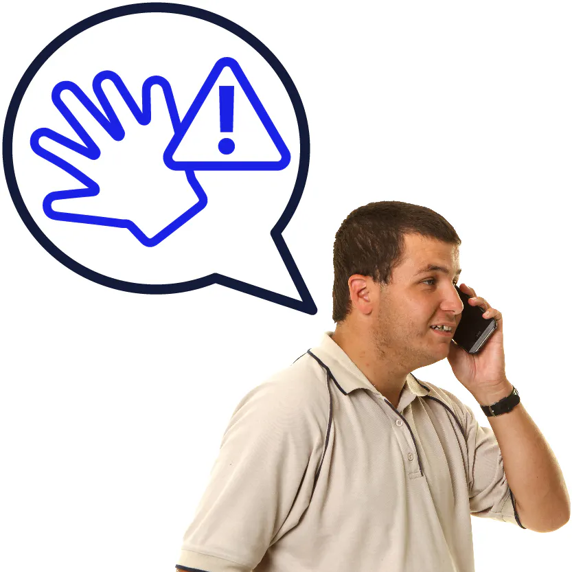 A person having a phone call. Above them is a speech bubble with a support worker's hand and an emergency icon in it.