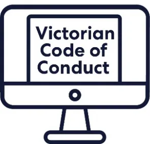 Icon of a computer. On the screen it says Victorian Code of Conduct.