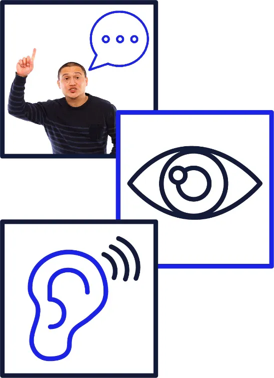 A montage of three images. In the first image, there is a man with his hand up and a speech bubble above him. The second image shows an eye. The third image shows an ear listening.