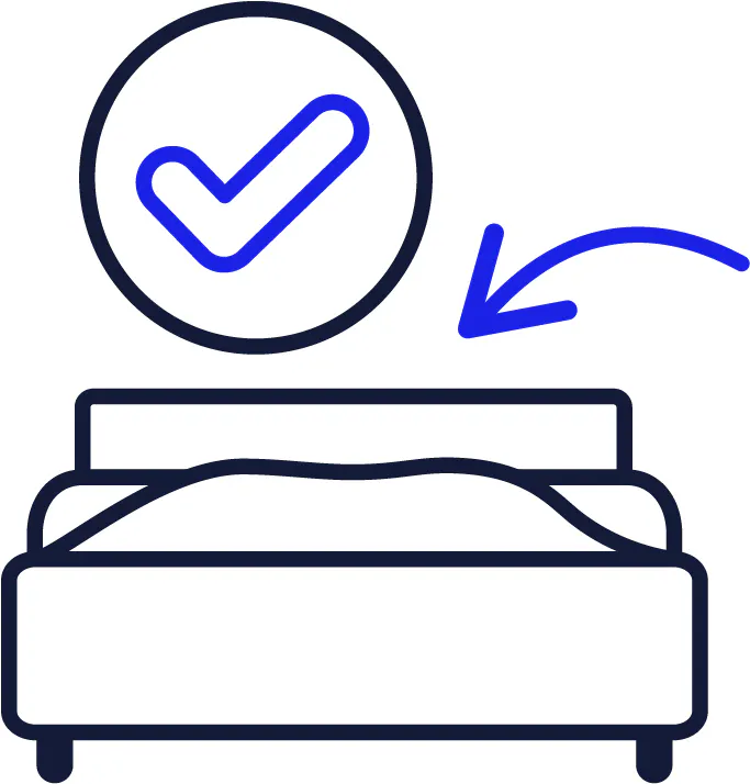 An arrow pointing towards a bed and a tick.