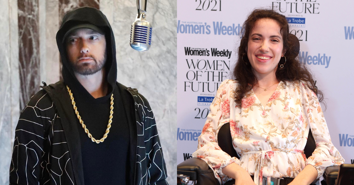 A split image featuring disability advocate Hannah Diviney at a Women of the Future event on the right, and American rapper Eminem on the left.