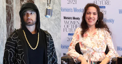 A split image featuring disability advocate Hannah Diviney at a Women of the Future event on the right, and American rapper Eminem on the left.