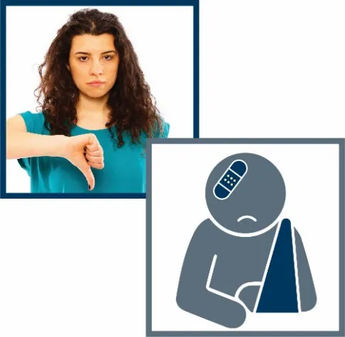 A montage of two images- a woman frowning with a thumbs down and an icon of a person with their arm in a sling and a bandage on their head