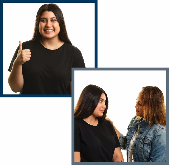 A montage of 2 images- a woman smiling with a thumbs up, and a woman supporting another woman