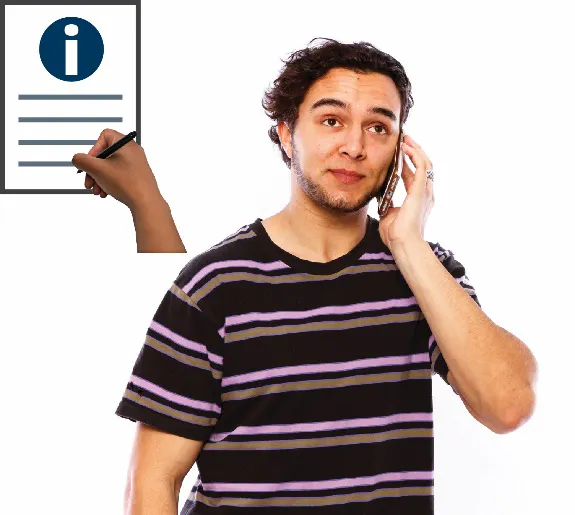 A man talking on a phone. There is an information document icon next to him