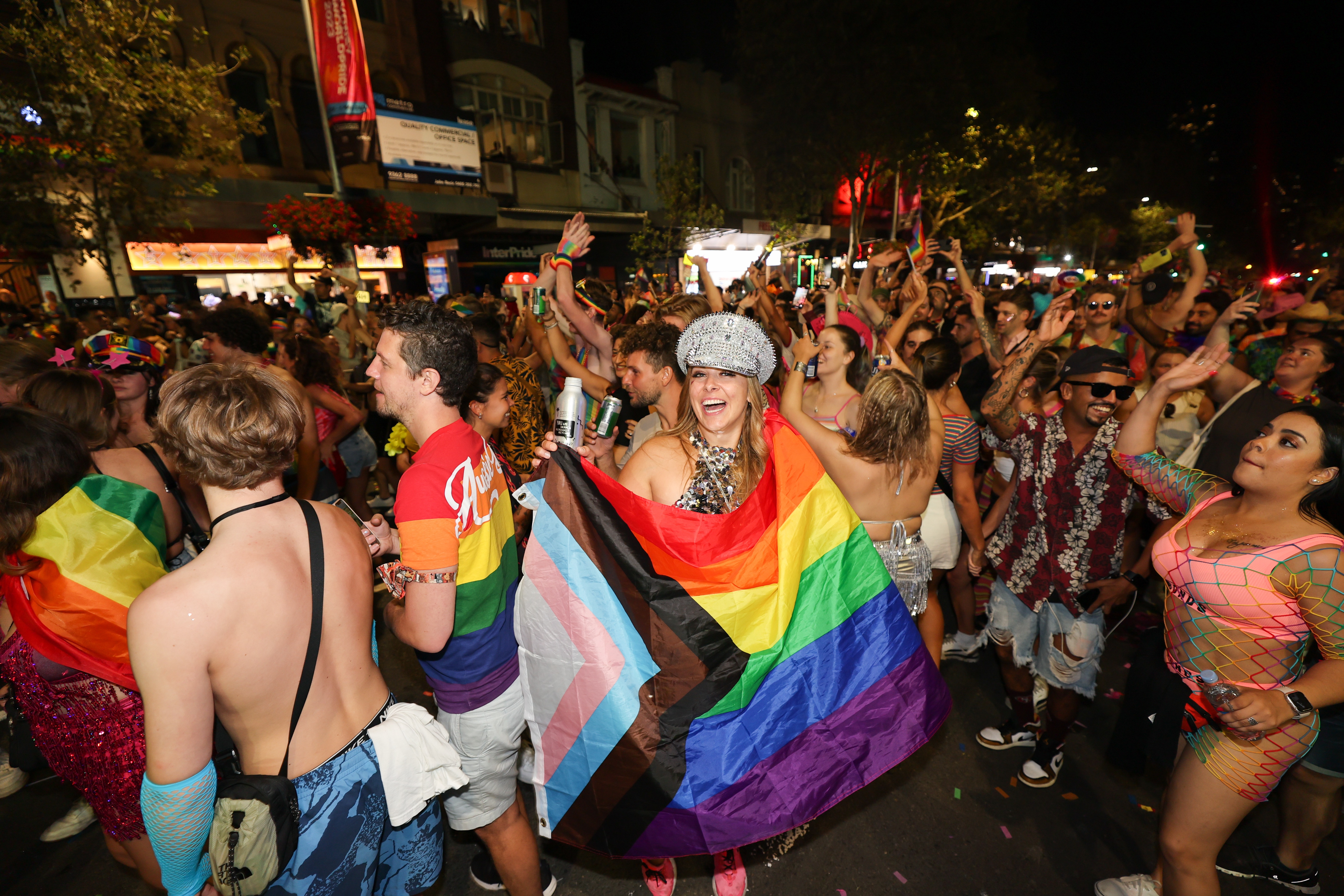 26/02/2023 03:27

People take to the streets following the 45th annual Gay and Lesbian Mardi Gras parade on Oxford Street in Sydney, Saturday, February 25, 2023. (AAP Image/Paul Braven) NO ARCHIVING