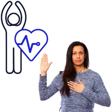 A woman with her hand in the air and pointing to herself. An icon of a person reaching up and a heart is next to her.