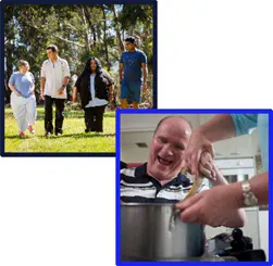 A montage of two images. The first image shows a group of people walking and talking outside. The second shows a picture of a man with a disability cooking dinner with help from his support worker.