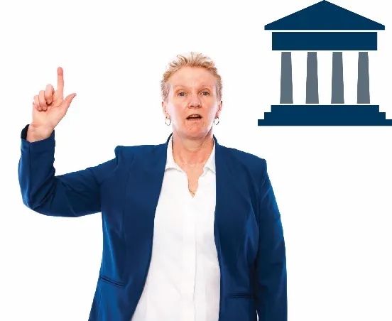 A woman raising her hands to say something. There is a government icon next to her