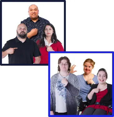A montage of 2 images. The first shows 3 people in a support team pointing to themselves. The second shows 3 Hireup users pointing to themselves.