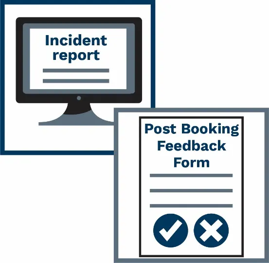 A montage os 2 images - an Incident report on a computer and a post booking feedback form with a tick and cross