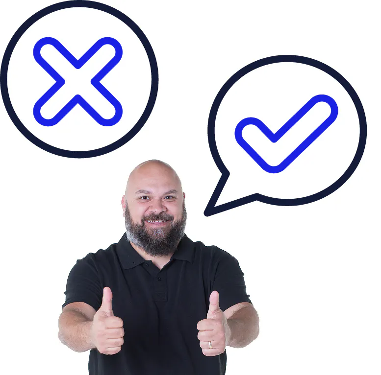 A person giving 2 thumbs up and a tick inside a speech bubble. Above him is a cross.
