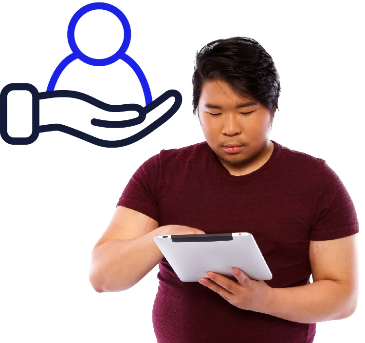 A support icon and a person using an iPad.