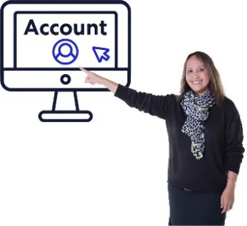 A woman points to a computer. It says account on it.