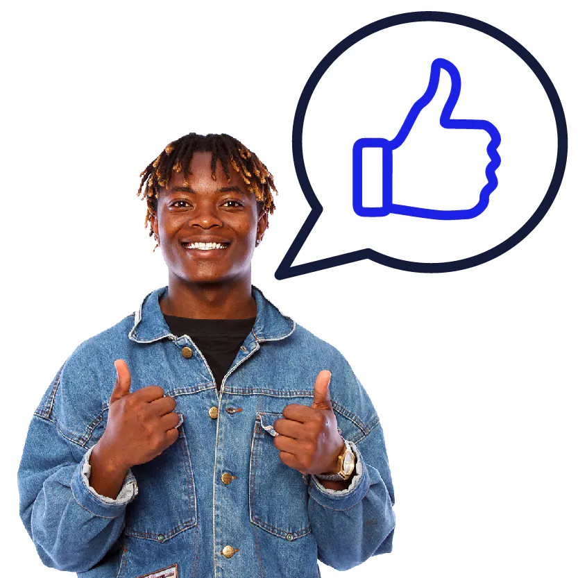 A person smiling and giving 2 thumbs ups. Above them is a thumbs up in a speech bubble.
