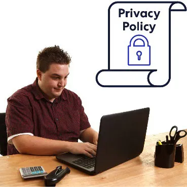 A man on a computer. An icon for a Privacy Policy.