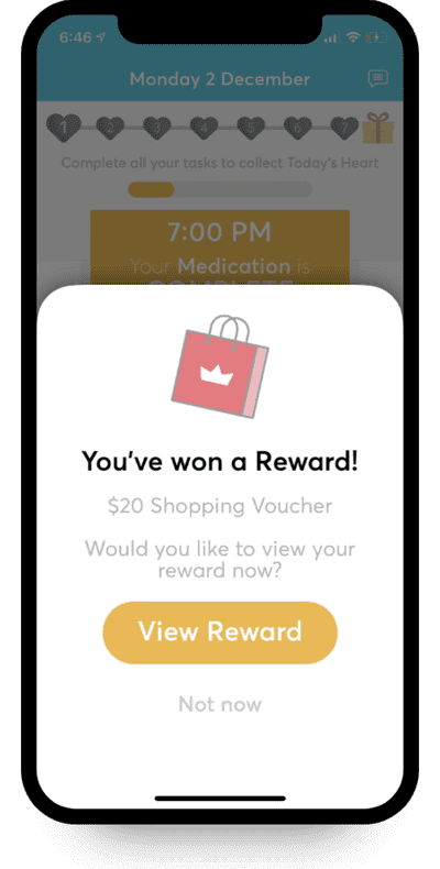 The Perx app shows a notification for winning a reward with shopping bag with a crown on it displayed. There is a gold button the view the reward.