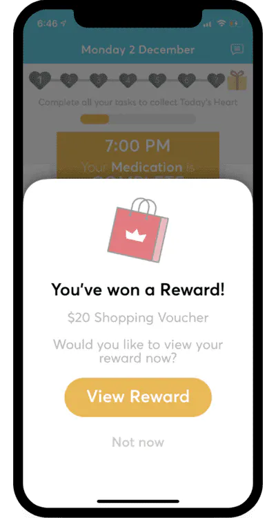 The Perx app shows a notification for winning a reward with shopping bag with a crown on it displayed. There is a gold button the view the reward.