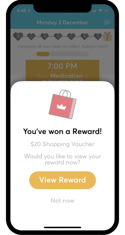 The Perx app shows a notification for winning a reward with shopping bag with a crown on it displayed. There is a gold button the view the reward.