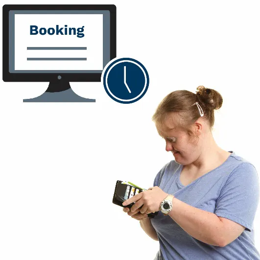 A booking on a computer screen with a clock icon.  A woman looking in her purse