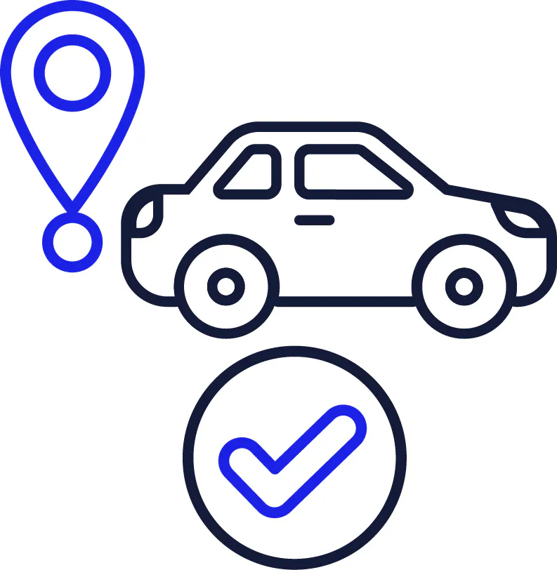 A location icon, a car and a tick.
