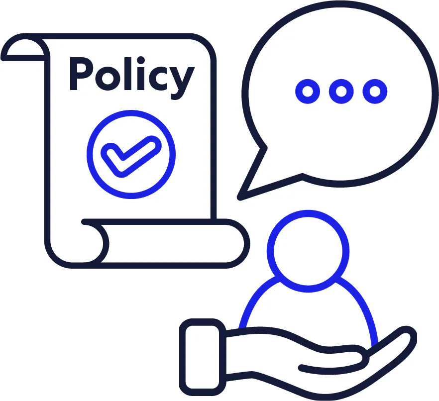A policy document, a support icon and a speech bubble.