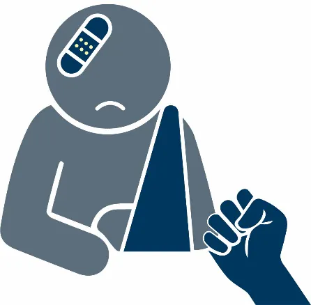 An icon of a person with their arm in a sling and a bandage on their head. There is a fist icon net to them