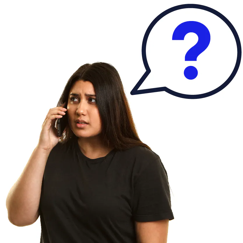 A person having a phone call. Above them is a question mark inside of a speech bubble.