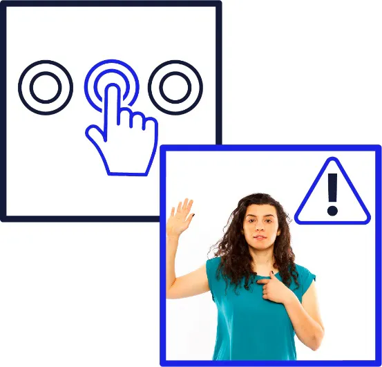 There is a montage of two images. The first image shows a hand pointing to one button in a group of three buttons. The second image shows a woman with her hand raised, and a risk icon above her.