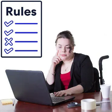 A woman on a computer. An icon for Rules.