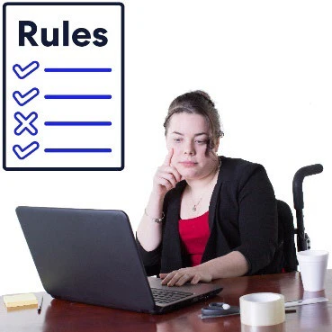 A woman on a computer. An icon for Rules.