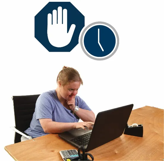 A woman using a computer with an icon for stop add with a clock above her.