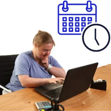 A woman using a computer next to a symbol for time.