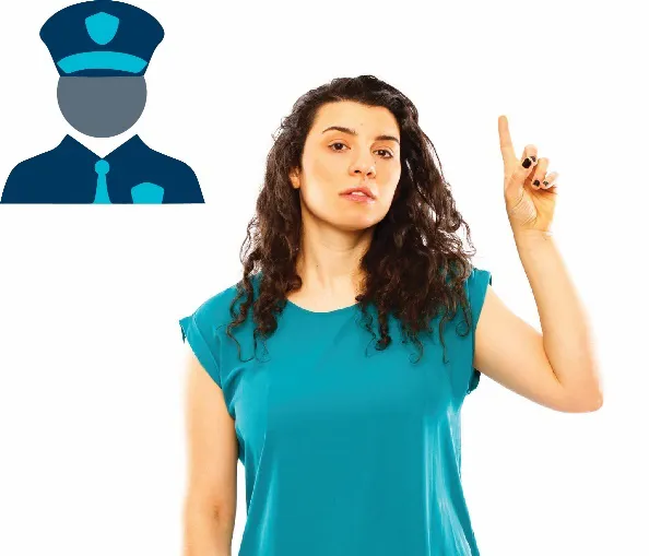 A woman raising her hand to say something. There is a police icon next to her