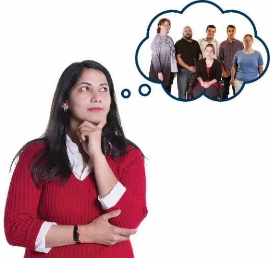 A woman in a thinking pose. She has a thought bubble with people with disabilities in it