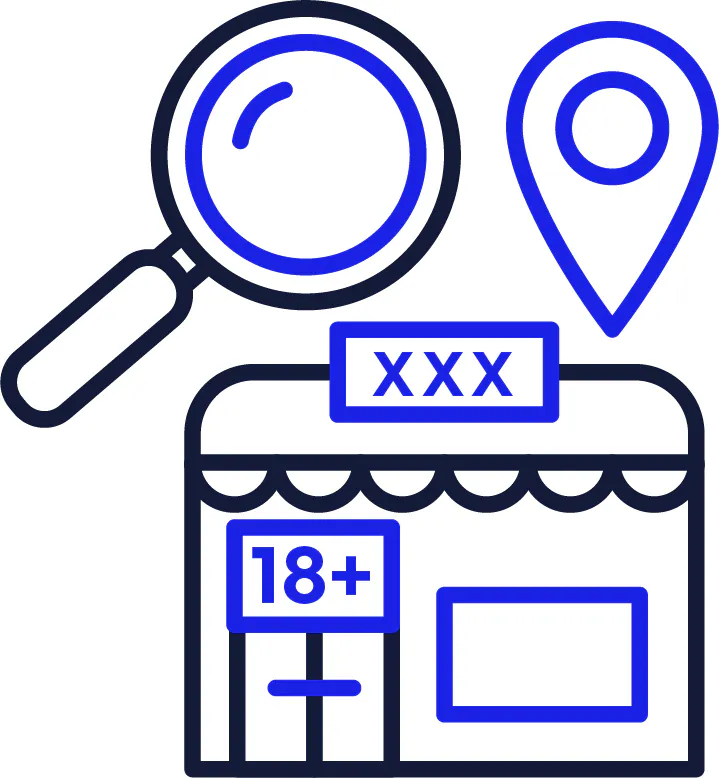 A magnifying glass, a location icon and an adult shop that says '18 plus' on it.