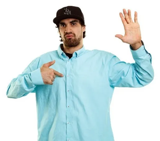 A man with one hand raised and the other person pointing to himself