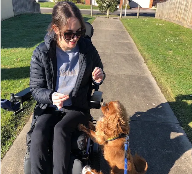 Tayla is playing with two dogs. She has brown hair and is wearing sunglasses. Tayla is wearing black runners, black track-pants, a grey top and a black puffer jacket. Tayla uses a wheelchair. Two are jumping up on the side of her wheelchair.